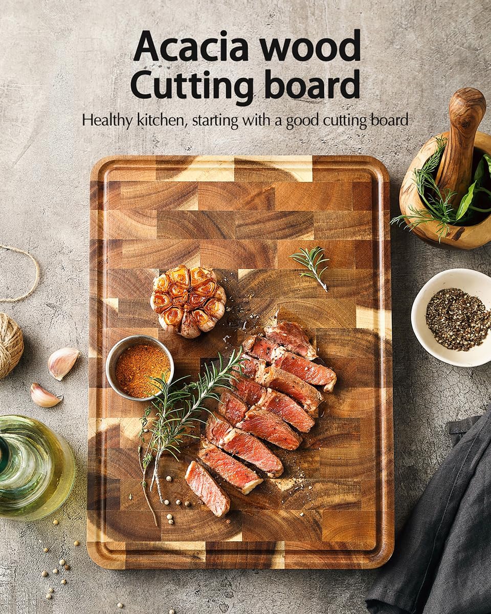 XINZUO Acacia Wood End Grain Cutting Board (13.8''L x 9.8''W x 1''T)-Wooden Chopping Board with Non-Slip Feet, Side Handles and Juice Groove