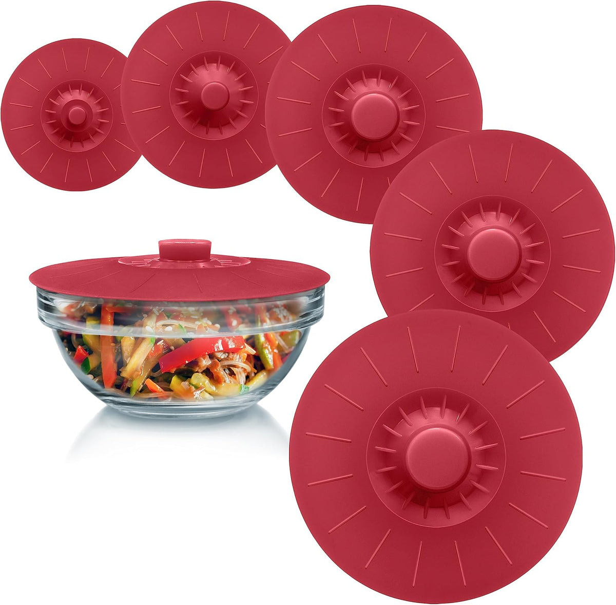 Silicone Bowl Lids Red, Set of 5 Reusable Suction Seal Covers for Bowls, Pots, Cups. Food Safe Natural grip, interlocking handles for easy use and storage.