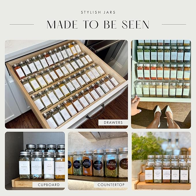 Glass Spice Jars with Labels with Metal Lids and Shakers Farmhouse 36 Pack Set, 4oz Small Clear Empty Spice Bottles Seasoning Containers with Label Organizer Square Herb Seasoning Jars for Kitchen