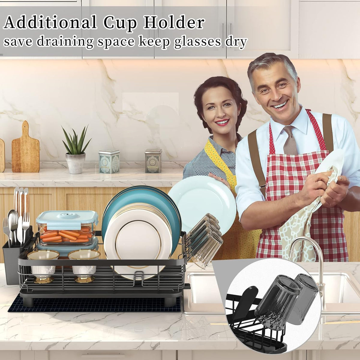 Godboat Dish Drying Rack, Dish Rack with Auto-Drain & Mat, Dish Drainers for Kitchen Counter, Glass Organizer for 4 Cups, 3 Slots Utensil Holder,Gifts for Women Mothers Day, Kitchen Gadgets & Decor