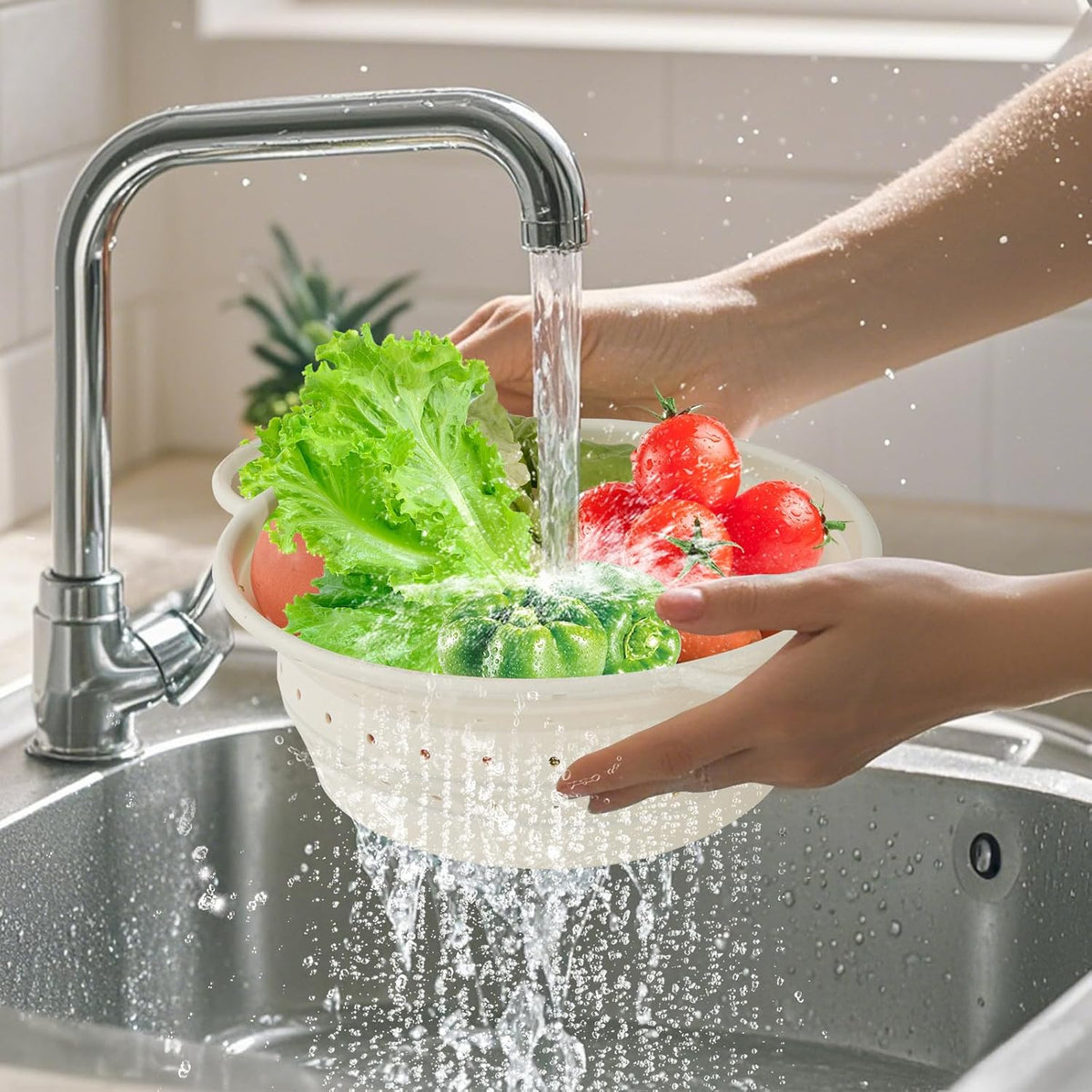 Strainers and Colanders, Silicone Collapsible Sink Collander, 13in, Strainers and Colanders for Kitchen, Large Drainer for Vegetable, Food, Pasta (White) (2)