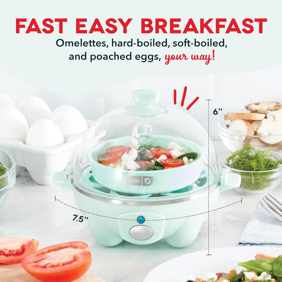 DASH Rapid Egg Cooker: 6 Egg Capacity Electric Egg Cooker for Hard Boiled Eggs, Poached Eggs, Scrambled Eggs, or Omelets with Auto Shut Off Feature - Aqua, 5.5 Inch (DEC005AQ)