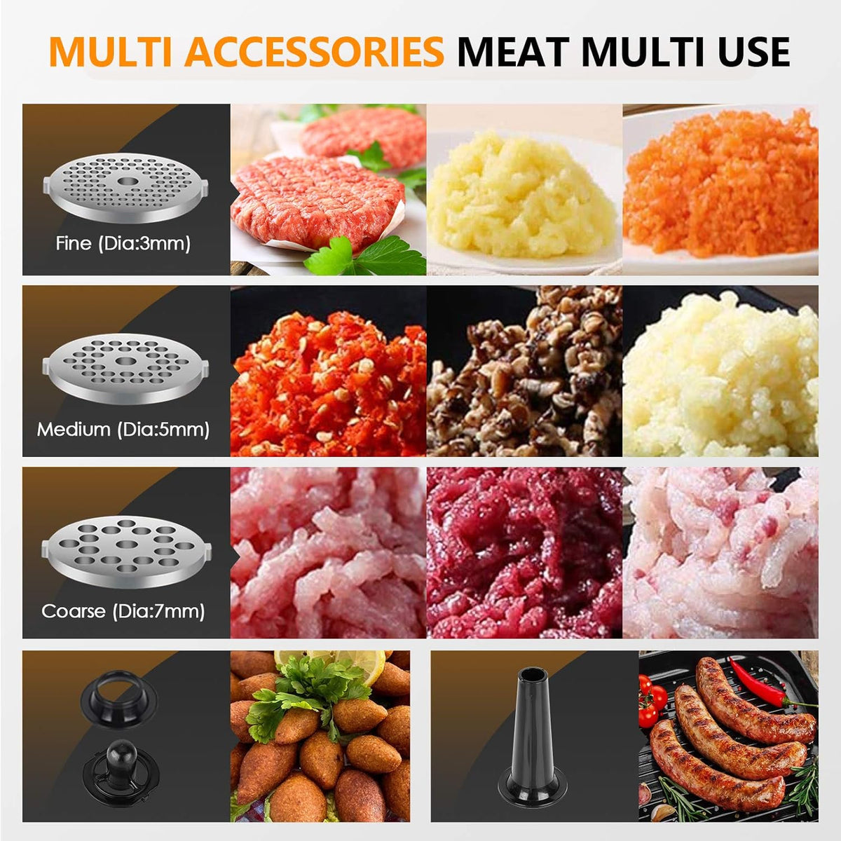 CHEFFANO Meat Grinder Electric, 350W[2000W Max] Electric Meat Grinder, Molino De Carne, Meat Mincer with Stainless Steel 2 Blades and 3 Plates, Sausage Staff Maker & Kubbe Kit for Home Kitchen Use