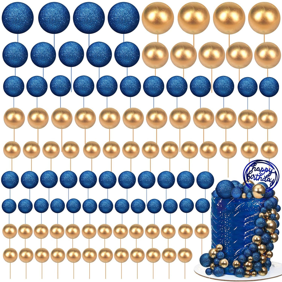 108 Pcs Balls Cake Topper DIY Cupcake Insert Foam Balloons for Cake Baking Wedding Anniversary Birthday Decoration(Bright Blue, Gold,Multi Sizes)