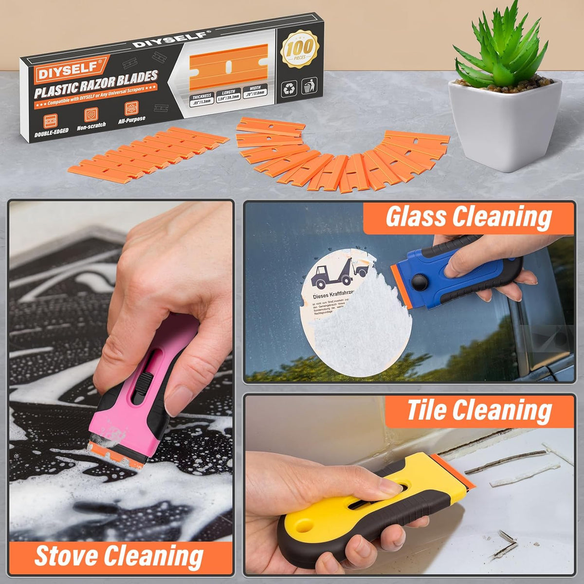 DIYSELF 100 Pack Plastic Razor Blades, Blade Refill for Plastic Razor Blade Scraper, Durable Plastic Blades for Cleaning Adhesives, Glass, Metal, and Floors, Plastic Scraper Blades