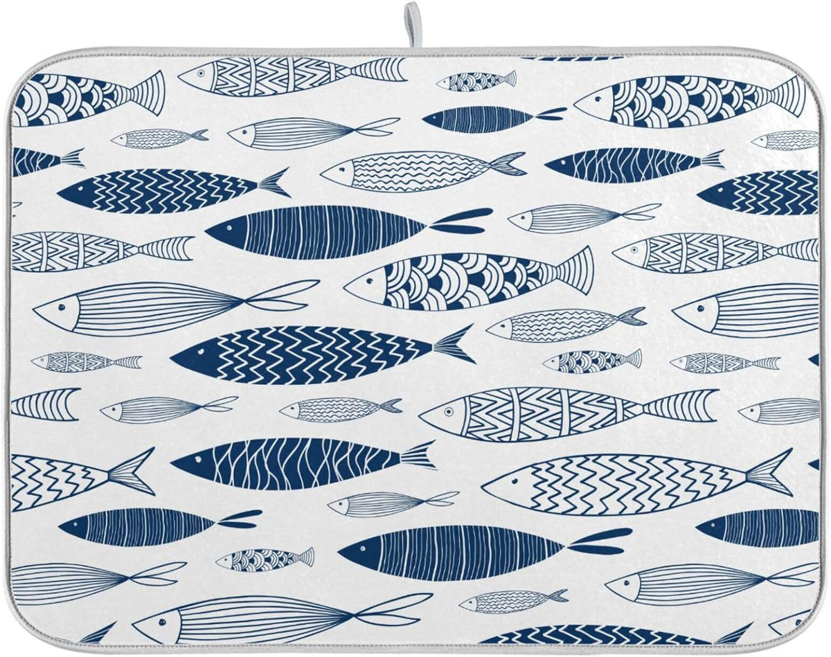 Cartoon Fish Dish Drying Mat for Kitchen Counter Absorbent Microfiber Drying Pad, Medium 16x18 in, Reversible Drainer Mats