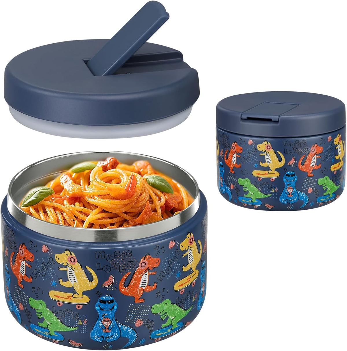 12oz Insulated Vacuum Food Jar with Buckle Lid Wide Mouth Soup Thermo for Hot Food Kids Leakproof Stainless Steel Lunch Container (Blue-Dinosaur)