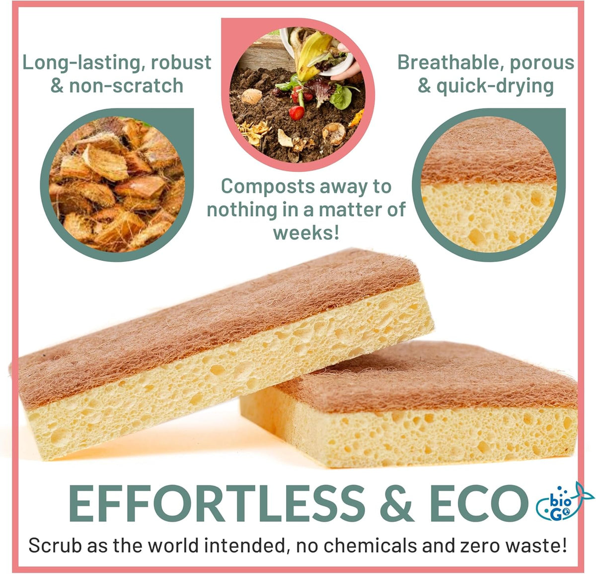 bioGo 24 Pack Biodegradable Kitchen Sponges - Eco-Friendly, Compostable, Natural Cellulose Dish Sponge - Biodegradable - Kitchen