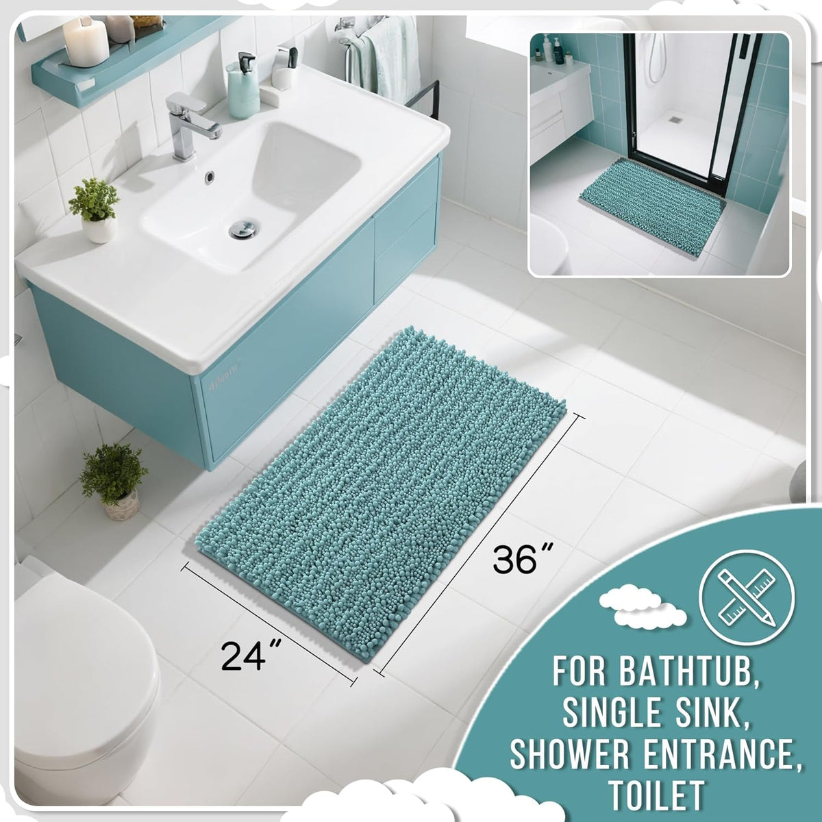 Yimobra Large Bathroom Rugs Non Slip Washable 36x24 Inch - Ultra Soft Absorbent Chenille Bath Mat, Quick Dry Shaggy Floor Carpet for Tub Shower, Teal Blue Home Decor Accessories