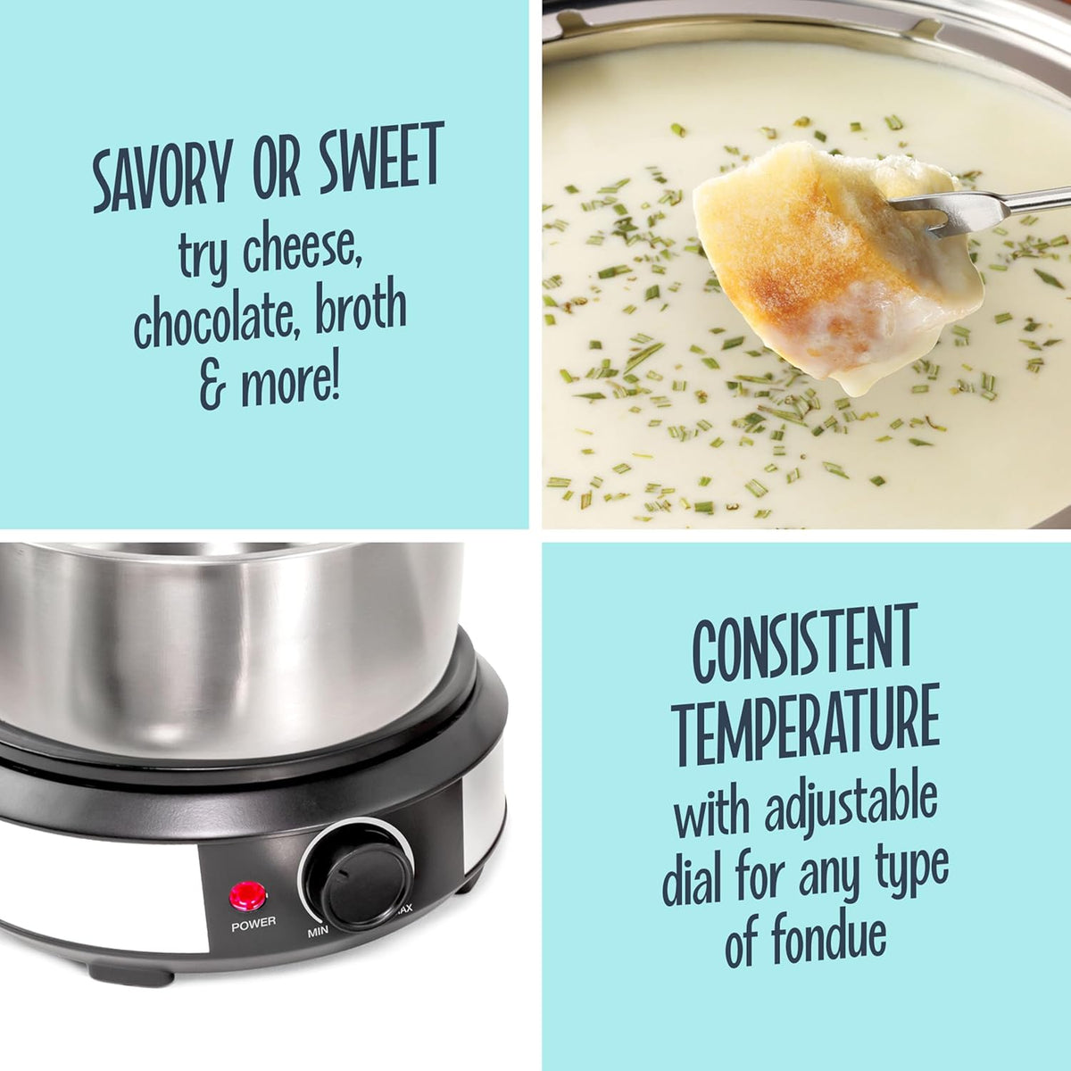 Nostalgia 8-Cup Electric Fondue Pot Set for Cheese & Chocolate - 8 Color-Coded Forks, Temperature Control - Kitchen Gadgets and Appliances for Hors d'Oeuvres and More - Stainless Steel