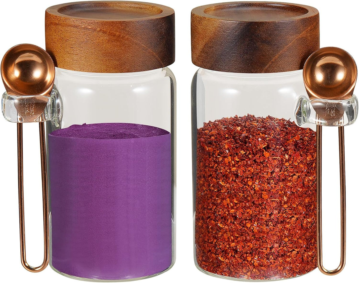 Glass Coffee Jars Spice Jar Round Storage Canister with Wooden Lid Clear Glass Food Jar for Pantry Sugar Tea Coffee Bean Spice Nuts Cookies Bath Salts (2×250ml(8.4oz) with scoop)