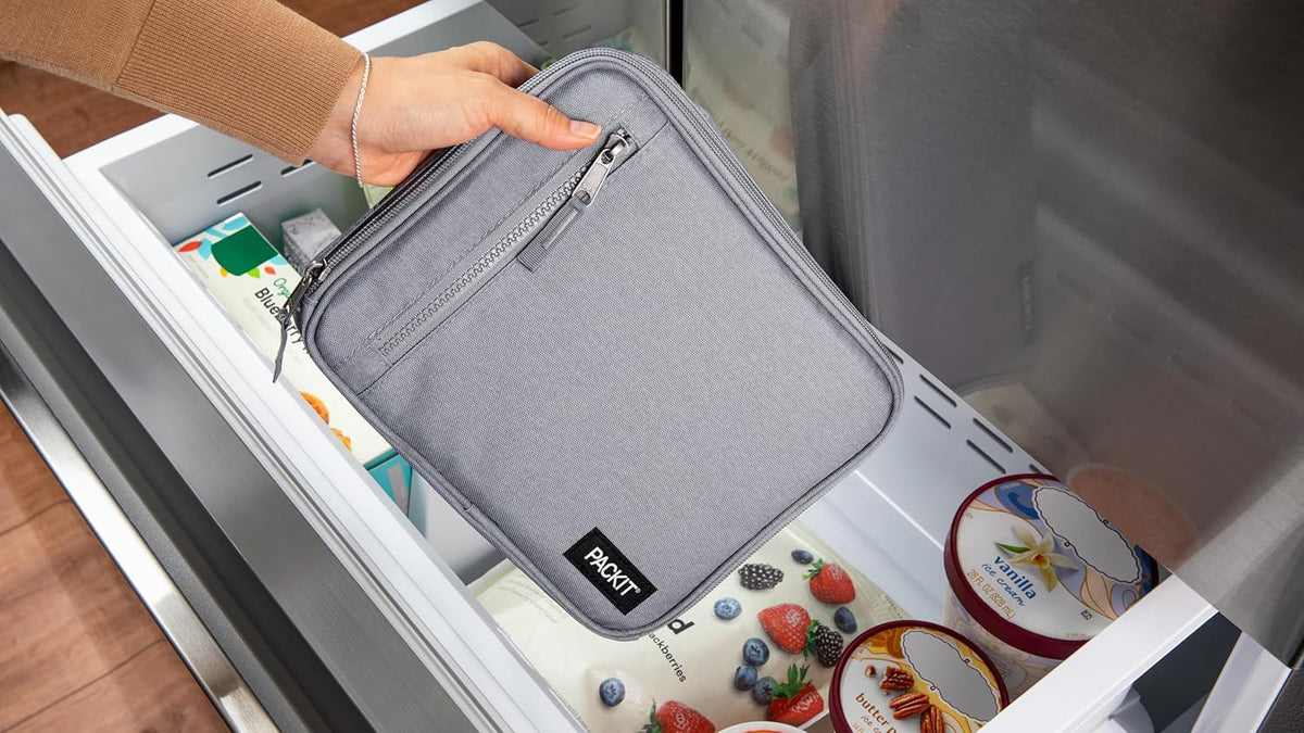 PackIt Freezable Classic Lunch Box, Gray Fog, Built with EcoFreeze® Technology, Collapsible, Reusable, Zip Closure With Front Pocket and Buckle Handle, For Work Lunches and Fresh Lunch On the Go