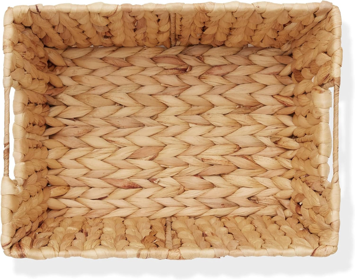 Casafield Set of 4 Water Hyacinth Storage Baskets with Handles - Natural, Woven Rectangular Storage Bins for Shelves, Blankets, Laundry Organization