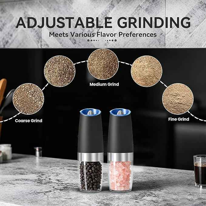 Gravity Electric Salt and Pepper Grinder set of 2, Automatic Salt And Pepper Grinder Set, Adjustable Roughness, Battery Powered, LED Light, 2 Pack, (Black)
