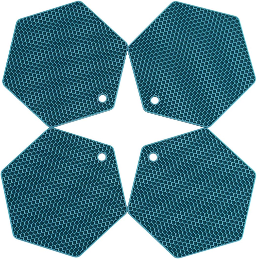 4 Packed Silicone Trivet Mats - DIY Different Size Dish Drying Mat, Hot Pot Holder for Pots & Pans, Non-Slip & Heat Resistant Kitchen Hot Pads for Countertops & Table,Teal