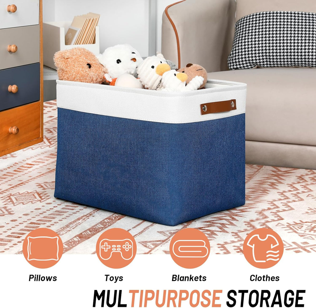 DULLEMELO Large Storage Baskets with Leather Handles for Linen Closet and Home Office, Decorative Baskets for Toys Storage (White & Blue)