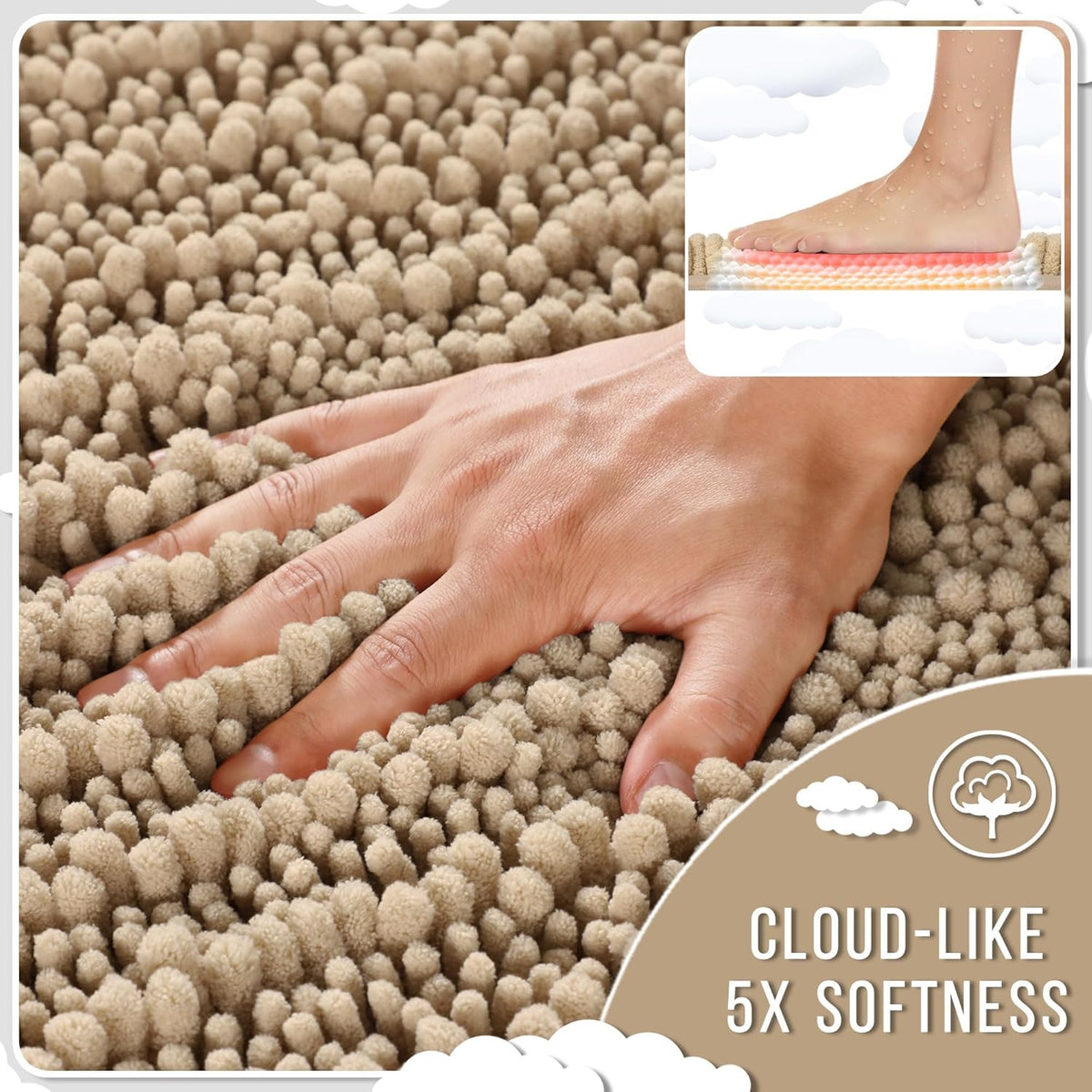 Yimobra Bathroom Rugs Non Slip Washable 32x20 Inch - Ultra Soft Absorbent Chenille Bath Mat, Quick Dry Shaggy Floor Carpet for Tub Shower, Pale Khaki Home Decor Accessories