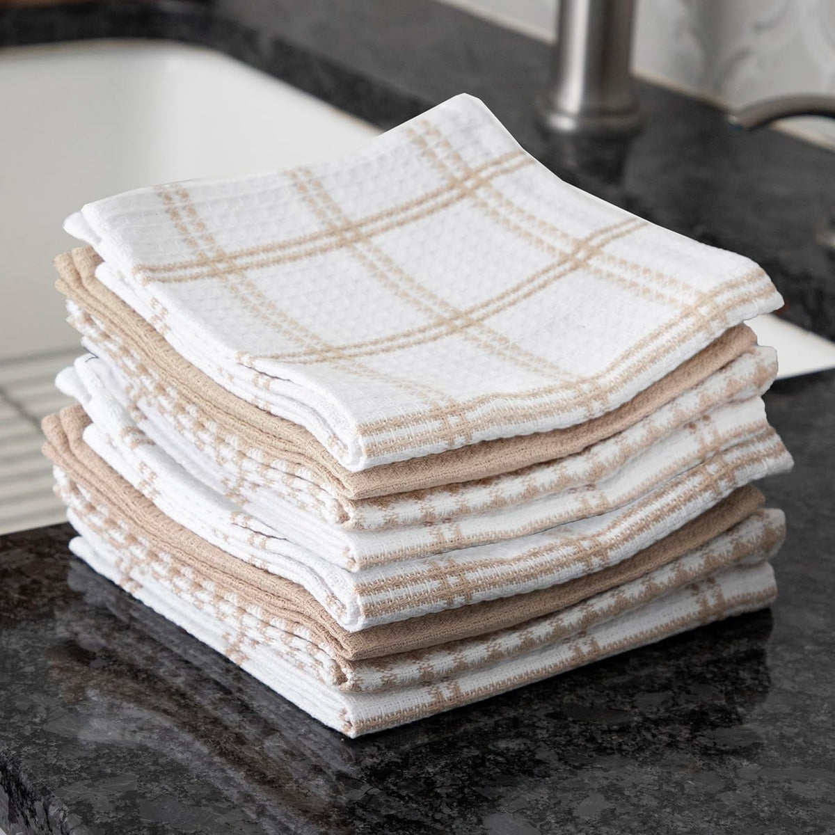 T-fal Premium Waffle Dish Cloths: Highly Absorbent, Super Soft Long Lasting - 100% Cotton, 12"x13" Towel for Cleaning & Drying, (8-Pack), Sand