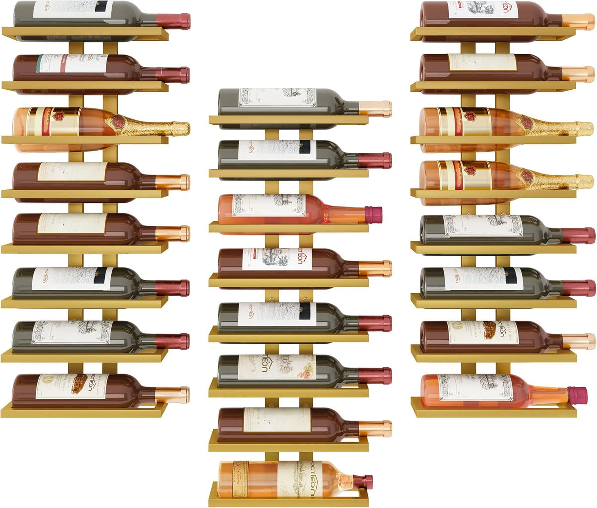 Hoctieon 3-Set 8 Tier Wall Mount Wine Rack (24 Tiers), Wall Racks for Wine Bottles Display and Storage, Hanging Bottle Organizer for Living Room, Dining Room, Wine Cellar, Bar, Gold