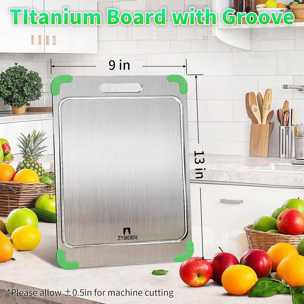 100% Pure Titanium Cutting Board with Grooves, Update Double Side Titanium Chopping Board, Silicone Anti-slip Stainless Cutting Boards for Kitchen 9 * 13 IN, Green
