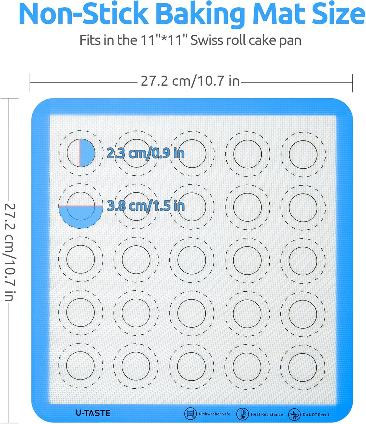 446ºF Heat Resistant Macaron Mat: U-Taste 11x11in Non Stick Silicone Baking Mat, Reusable Cookies Pastry Sheet Liner with Edge Enhancement & Circle Measurement for Square Cake Pan (2 PCS, Light Blue)