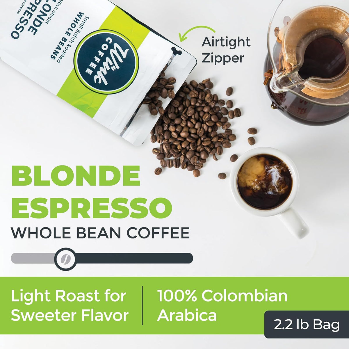 Wink Coffee Blonde Espresso, Light Roast Whole Bean Coffee, Single Origin Colombian Arabica Beans, 2.2 lb, Small-Batch, Smooth, Sustainably Sourced