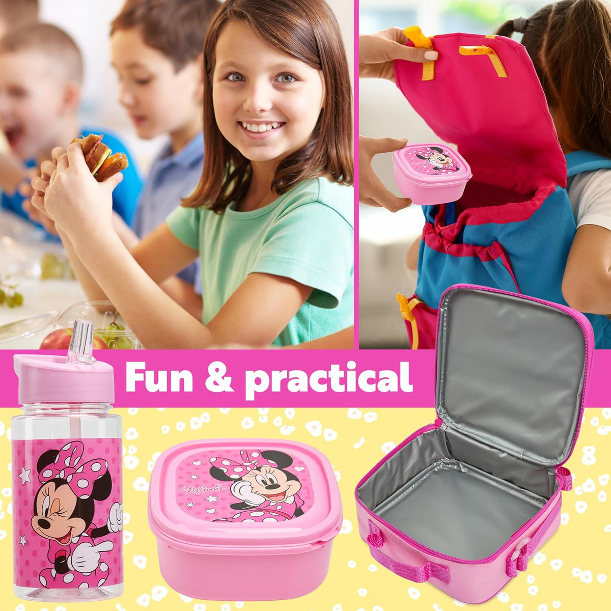 Get Trend Disney Minnie Mouse Kids Lunch Bag Set 3 Pc with Leak Proof Water Bottle and Small Lunch Box Insulated for School Daycare Travel (Minnie Mouse)