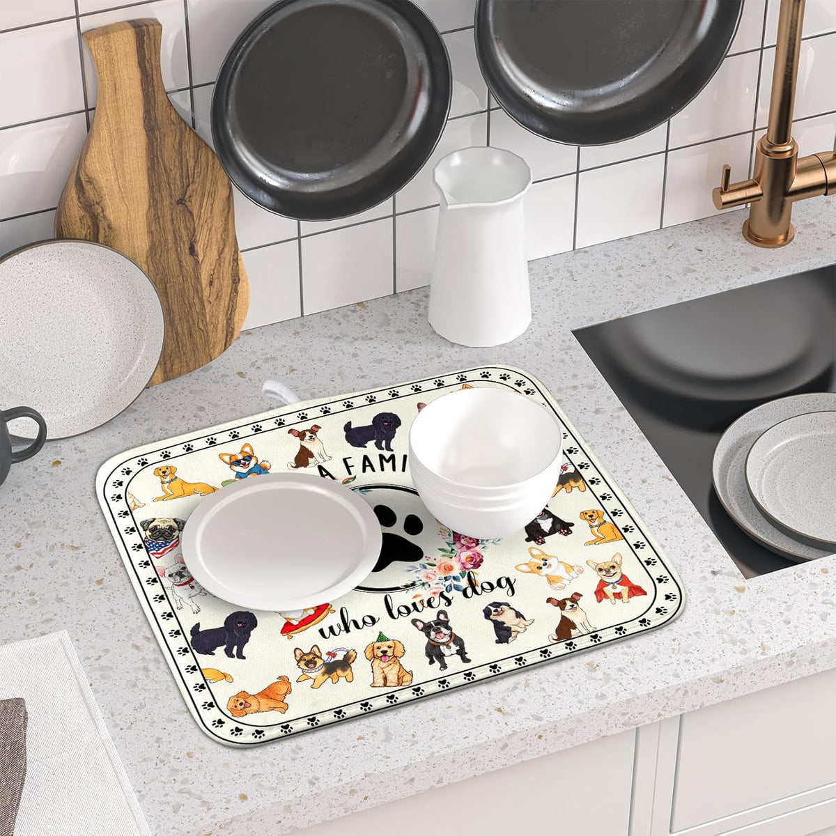 Lovely Dogs Dish Drying Mat Absorbent Printed Drying Pad for Kitchen Counter