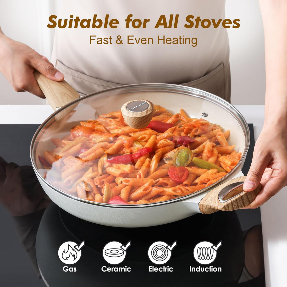SENSARTE Ceramic Nonstick Frying Pan Skillet with Lid 12.5Inch Large Non Stick Non-toxic Healthy Kitchen Cooking Chef's Pan, Free of Intentionally Added PFOA/PFAS/PTFE, Induction Compatible, White