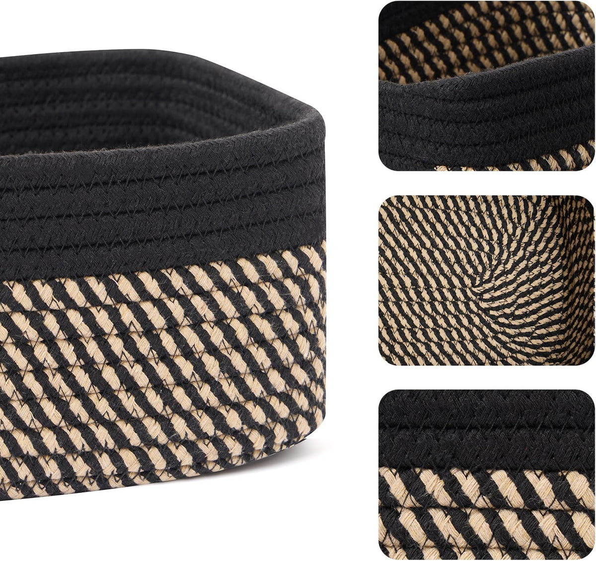 Small Storage Baskets for Organizing | Closet Organizer Bins | Shelf Toy Basket | Woven Rope Baskets | Cube Decorative Box | Shallow Basket | 11.5x7.5x4.7” | 3 Packs Black Brown