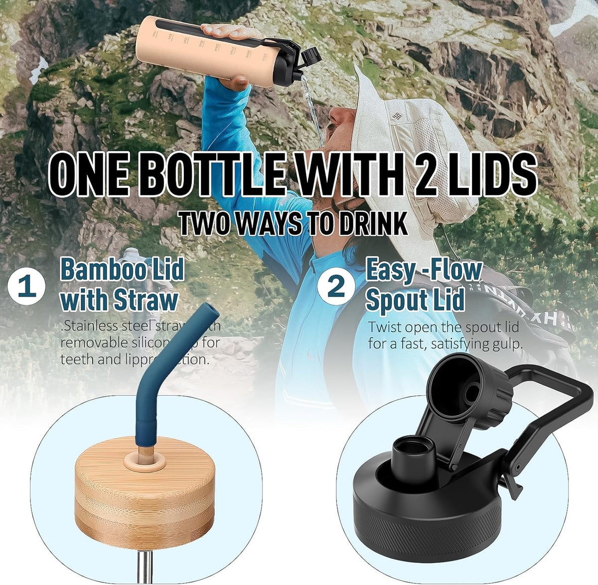 32oz Glass Water Bottle with Straw and 2 Lids- Bamboo Straw and Spout Lid with Phone Holder for Gym, Glass Drinking Bottles with Silicone Sleeve and Motivational Time Marker, Dark Blue