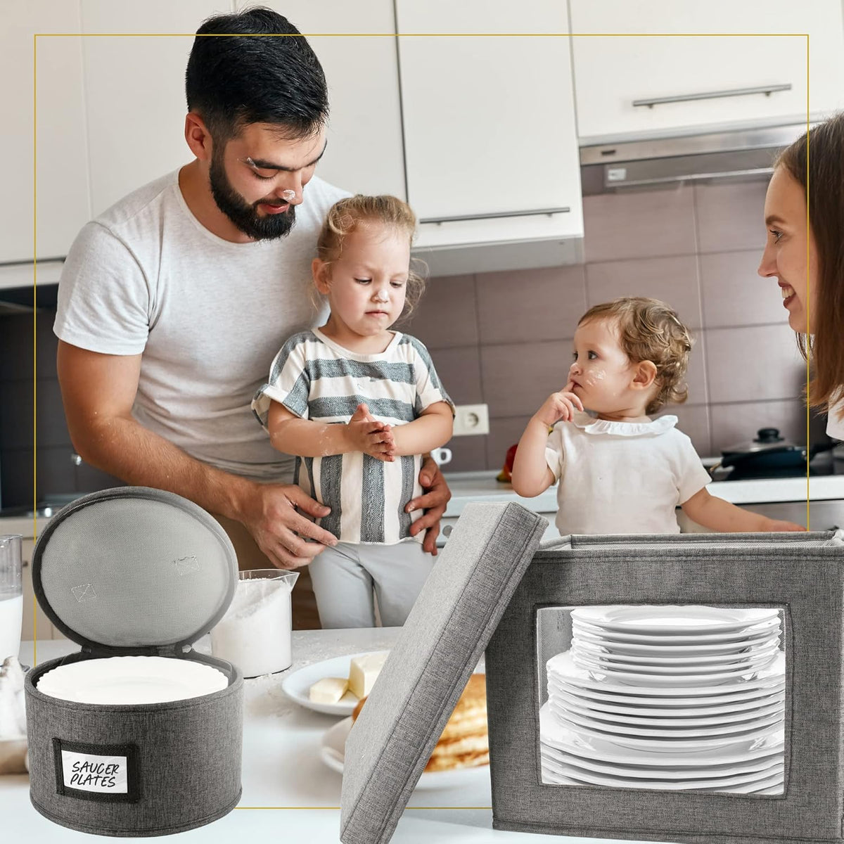HOMELUX THEORY Hard Shell China Storage Containers for Dishes, 2pcs 12"x8" Plate Storage, Square Storage Containers with Lid, Heavy Duty Fine China Dish and Dinnerware Storage with 30 Felt Pads