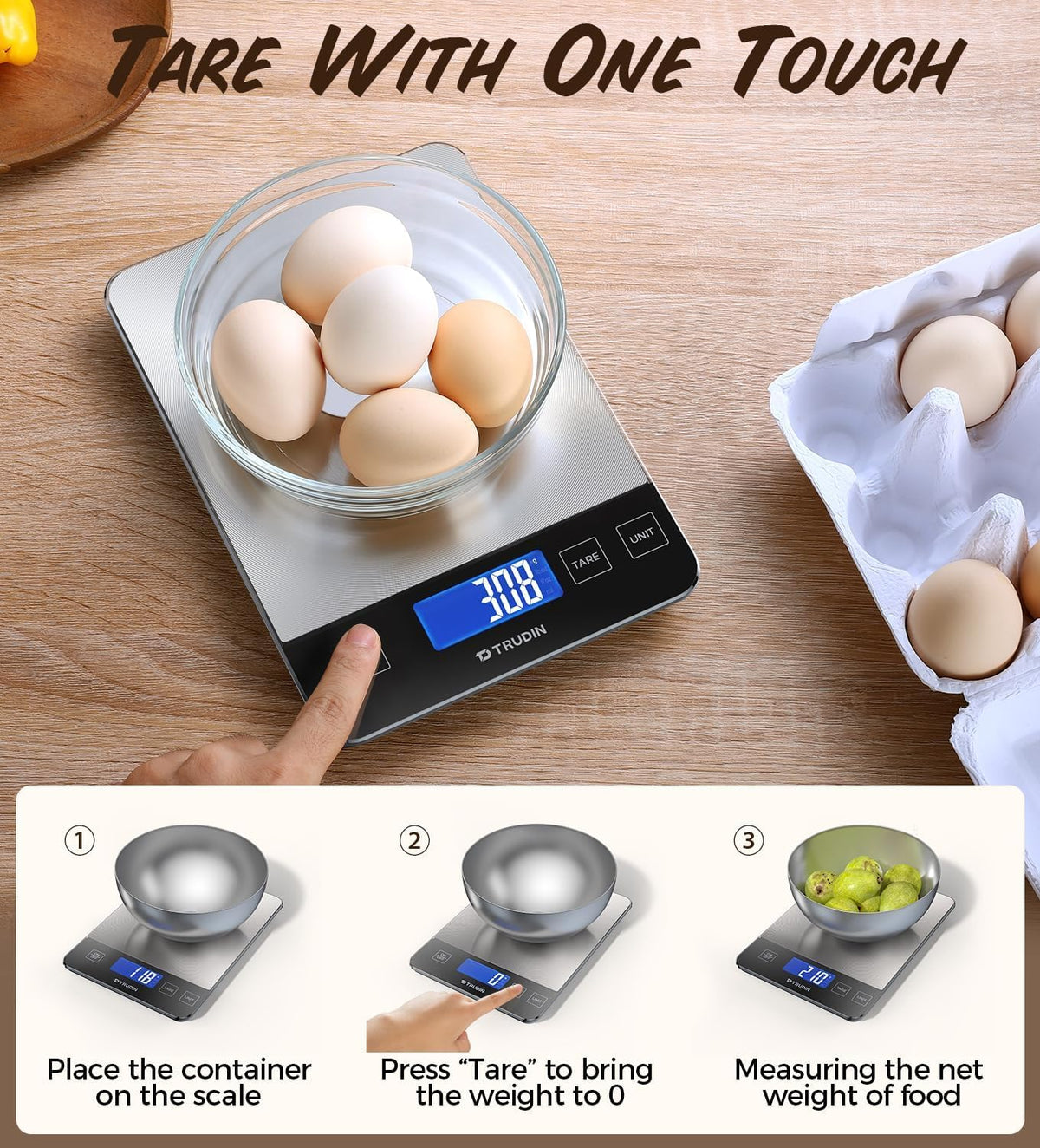 NASA-Grade 33lb Digital Kitchen Scale, Precisely Measures Grams and Ounces for Baking and Cooking, Waterproof Tempered Glass (Bright Black)