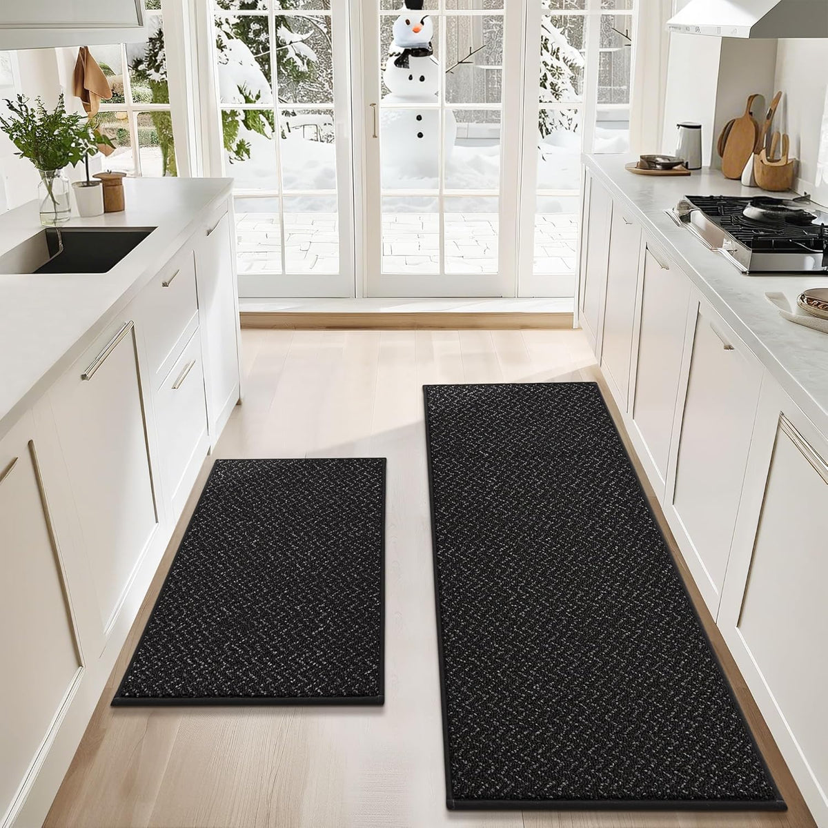 COSY HOMEER Kitchen Rugs Non Slip Washable 24"x36"+24"x60" Absorbent Kitchen Mats for Floor Stain Resistant Kitchen Runner Rug Sets of 2 Kitchen Floor Mats for Sink,Black