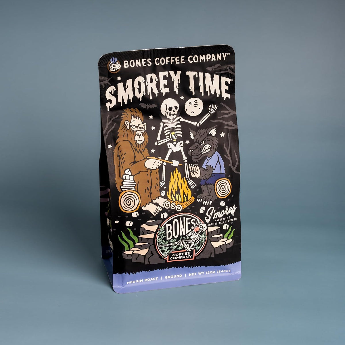 Bones Coffee Company S'morey Time, S'mores and Graham Crackers Flavored Coffee, Medium Roast Low Acid Arabica Beans Compatible with Auto drip and French Press Coffee Maker, 12 Oz Ground