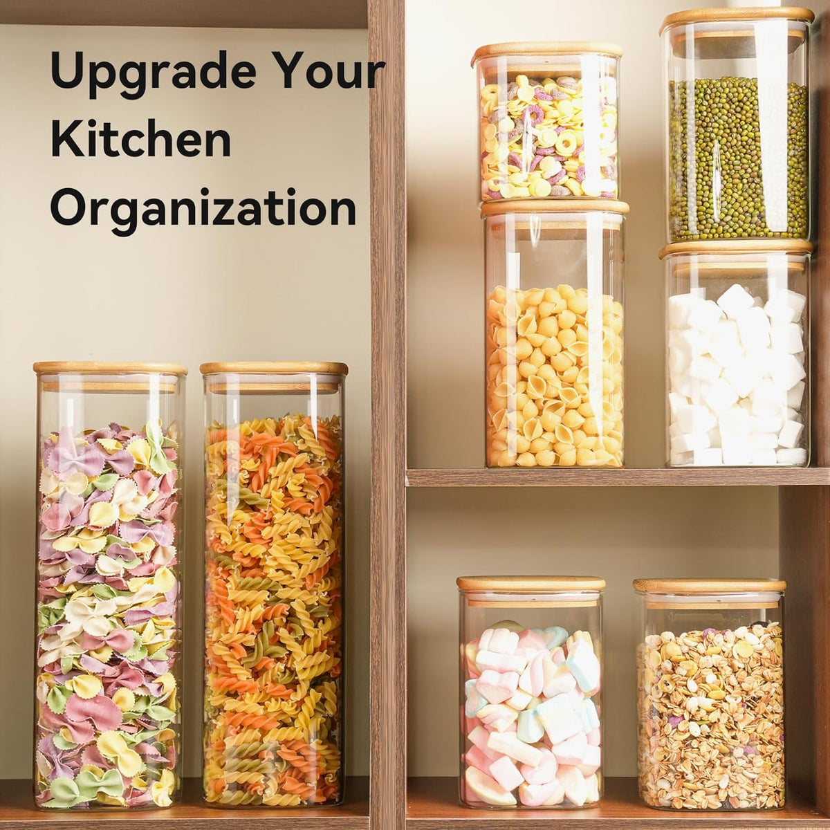 5 Set Glass Jars with Bamboo Lids, Square Food Storage Containers, Glass Pantry Storage Containers with Lids for Pasta, Cereal, Flour, Sugar