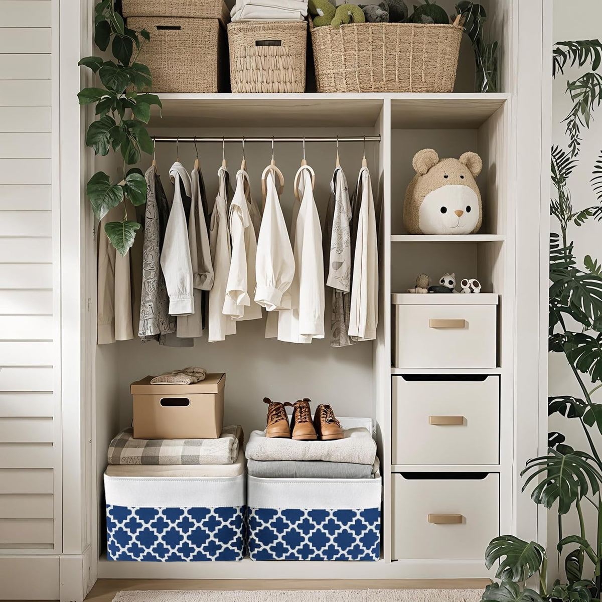 DECOMOMO Blue Storage Bins Fabric Storage Baskets for Shelves, Linen Closet Organization Toys Nursery (Blue Patterns, Large - 3 Pack)