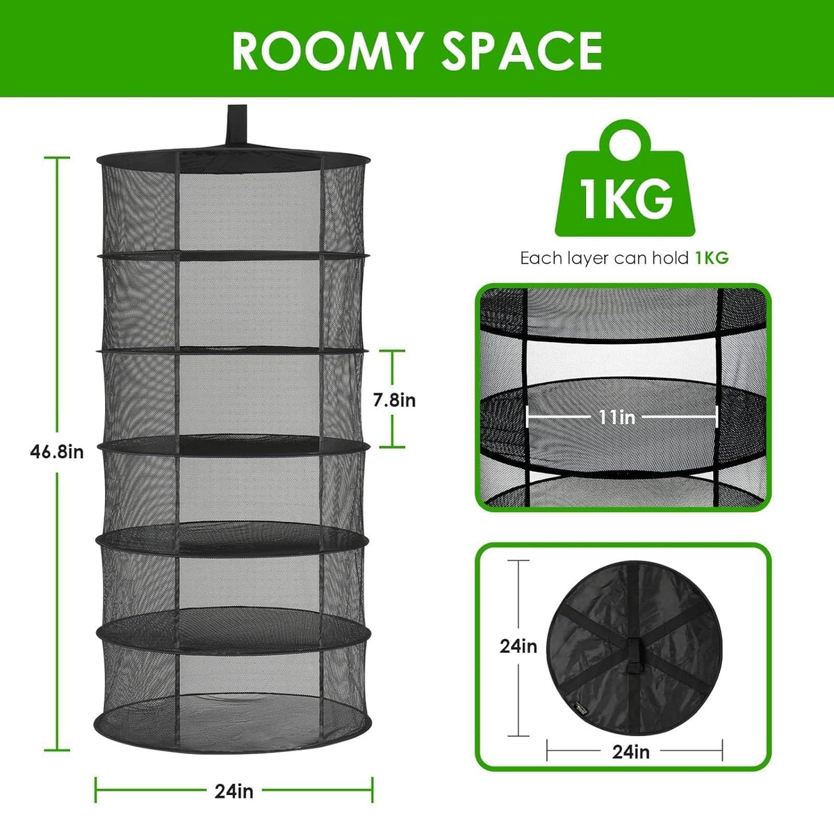 Simple Deluxe 6 Layer 24'' Herb Drying Rack with Hook, Opendoor Design Hanging Dry Mesh Folding Basket Dryer for Clothes, Herbs