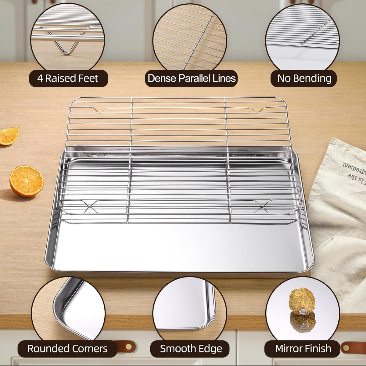 Baking Sheet with Cooling Rack Set of 6, 3 Premium Stainless Steel Cookie Sheets and 3 Wire Racks, Kitchen Nonstick Baking Pans Set Includes 3 Different Sizes, Heavy Duty Non Toxic