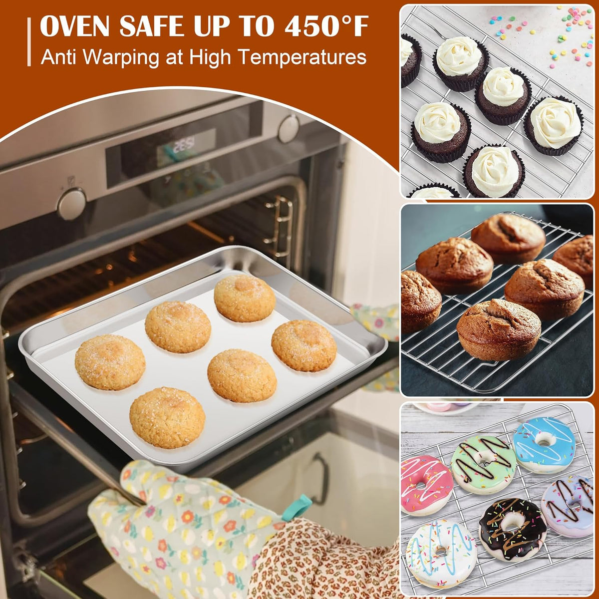 E-far Small Baking Sheet with Wire Rack (2 Pans + 2 Racks), Stainless Steel Cookie Sheets Trays & Cooling Rack for Toaster Oven, Non Toxic & Warp Resistant, Oven & Dishwasher Safe, 10.5 x 8.3 x 1 Inch