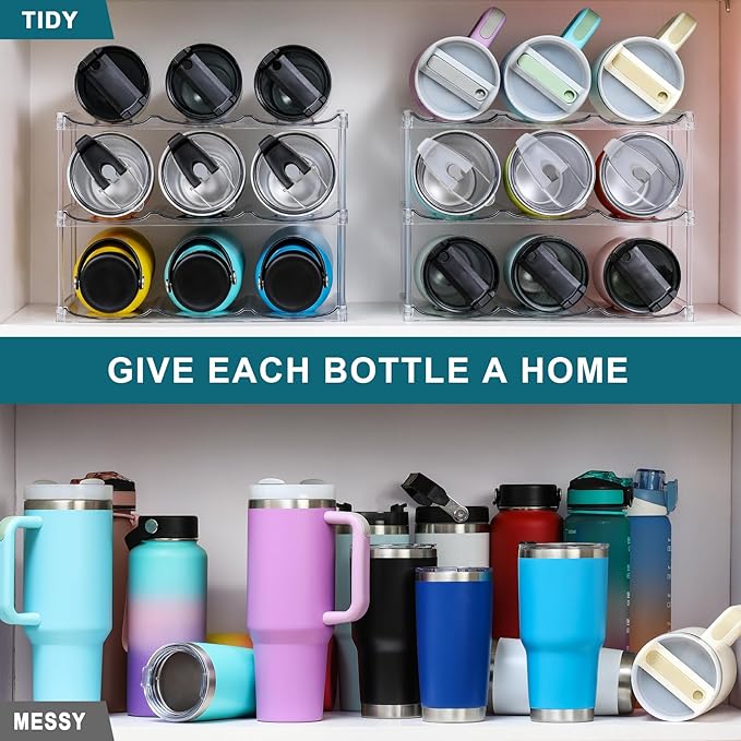 LARGER Compartment - Stackable Water Bottle Organizer Holder - for Stanley & Others' Large Tumbler - Clear Wine Rack, Cup Bottle Holder for Cabinet Home Countertop Fridge Pantry Shelf, 3 Tier Hold 9