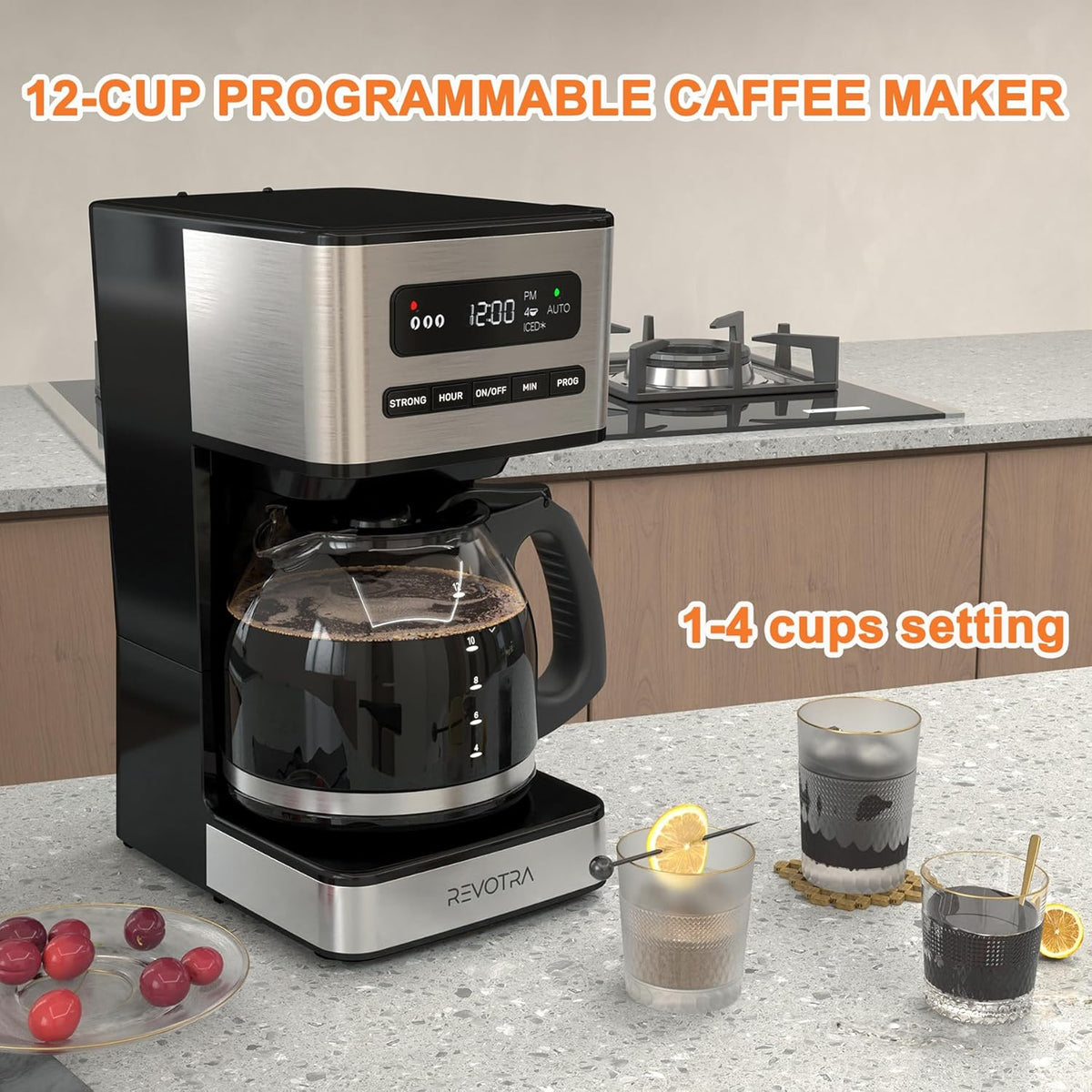 12-Cup Programmable Coffee Maker, Regular & Strong Brew Drip Coffee Machine, 1-4 Cup and Ice Coffee Setting, 24H Timer, Auto Shut-Off, Keep Warm, Pause & Serve