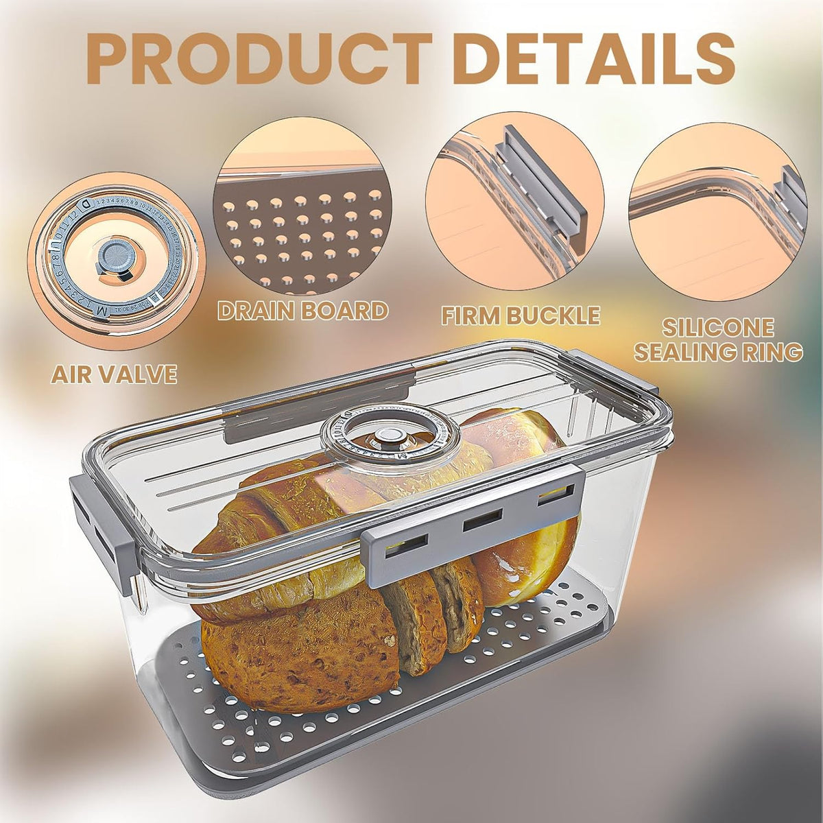 Bread Boxes for Kitchen Counter, Large Bread Box Airtight with Lid and Time Recording Function, Bread Container for Homemade Bread, Cookies, Bagel, Donut and Toast(grey)