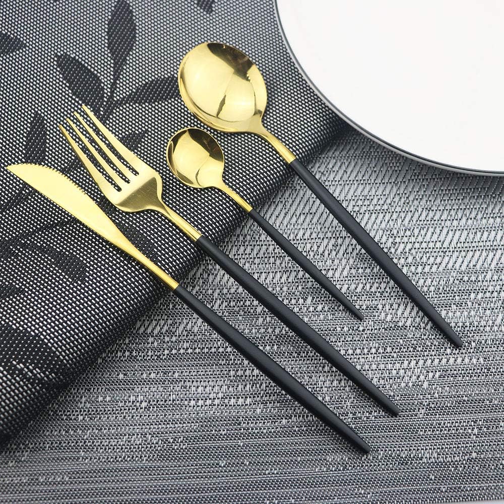 Black Gold Silverware Set, JASHII 30-Piece Stainless Steel Satin Finish Flatware Set, Kitchen Utensil Set, Mirror Polished Tableware Cutlery Set for Home and Restaurant, Dishwasher Safe