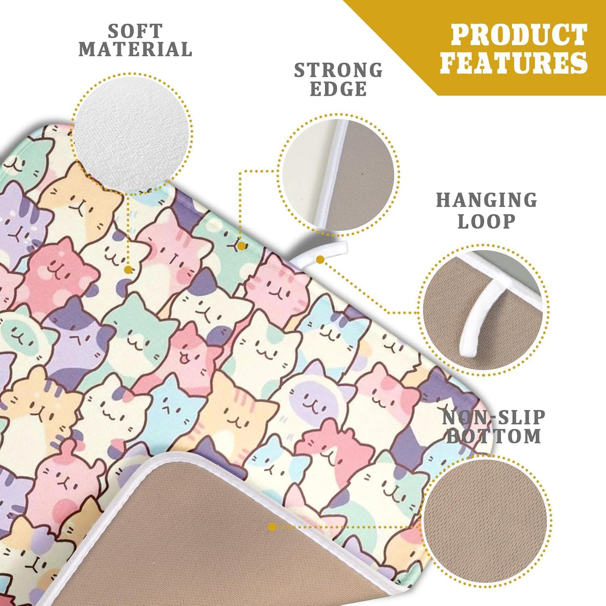 Colorful Cats Dish Drying Mat 16x18 inch Cute Animal Microfiber Reversible Fast Dry Dishes Drainer Rack Pad for Counter Kitchen Table Decor