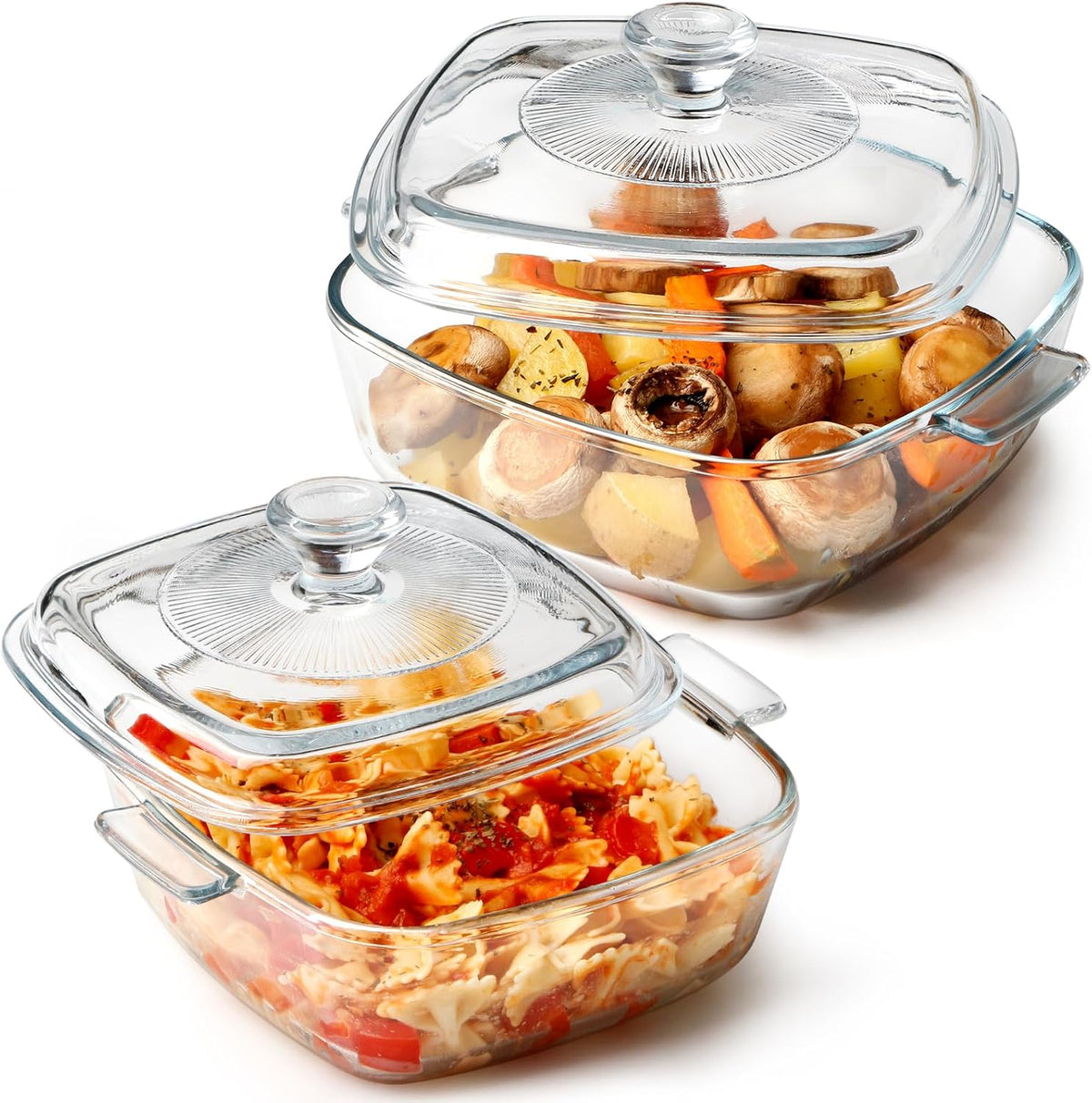 NUTRIUPS Mini Glass Casserole Dish with Lid Oven Safe Square Casserole Dish Set 2 Pack (5.9in+6.8in) Microwave Bowl With Glass Lid （0.8L+1.2L）