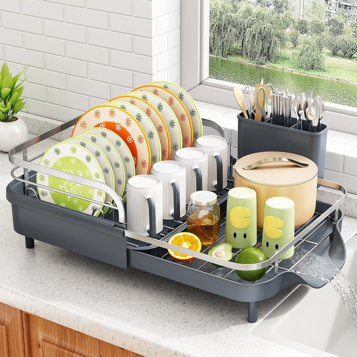 SAYZH Dish Drying Rack - Expandable Dish Rack for Kitchen Counter, Rust-Resistant Dish Drainer with Utensil Holder and Raised Guardrail, Kitchen Organizer for Cup and Bottle (Grey)