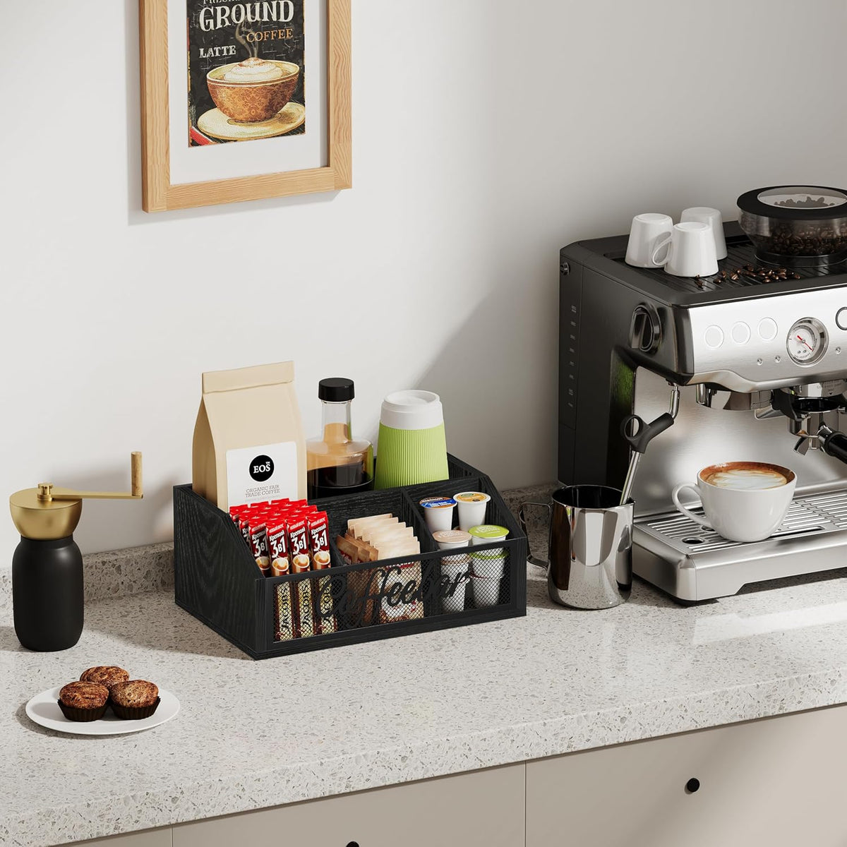 YINMIT Coffee Station Organizer for Countertop, Wood Coffee Bar Organizer with Removable Dividers for Pods, Syrup, Cups, Stirrer, Tea - Office Bar Accessories, Black