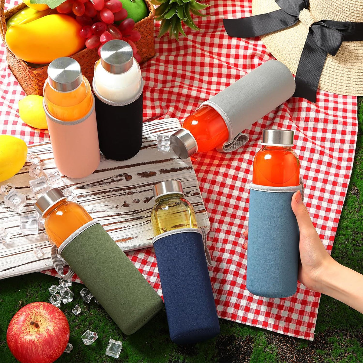 Vesici 12 Set 18 oz Clear Glass Water Bottles, Reusable Glass Juicing Bottles with Protection Sleeve and Stainless Steel Leak Proof Lids for Milk Smoothie Juice Beverage Tea (Colorful,Low Profile)
