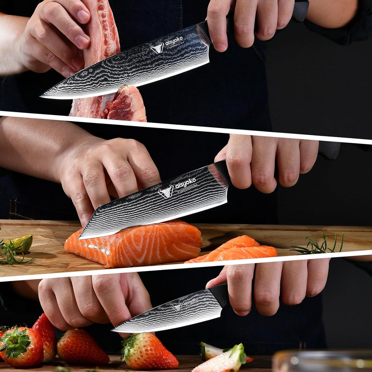 8C Damascus Knife Set - 3PC Chef's Knife, Kitchen and Paring Knives, High Carbon Stainless Steel, Ergonomic Full Tang ABS Anti-Skid Handle